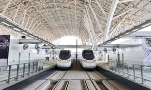 the Haramain high-speed train running through the desert of Saudi Arabia